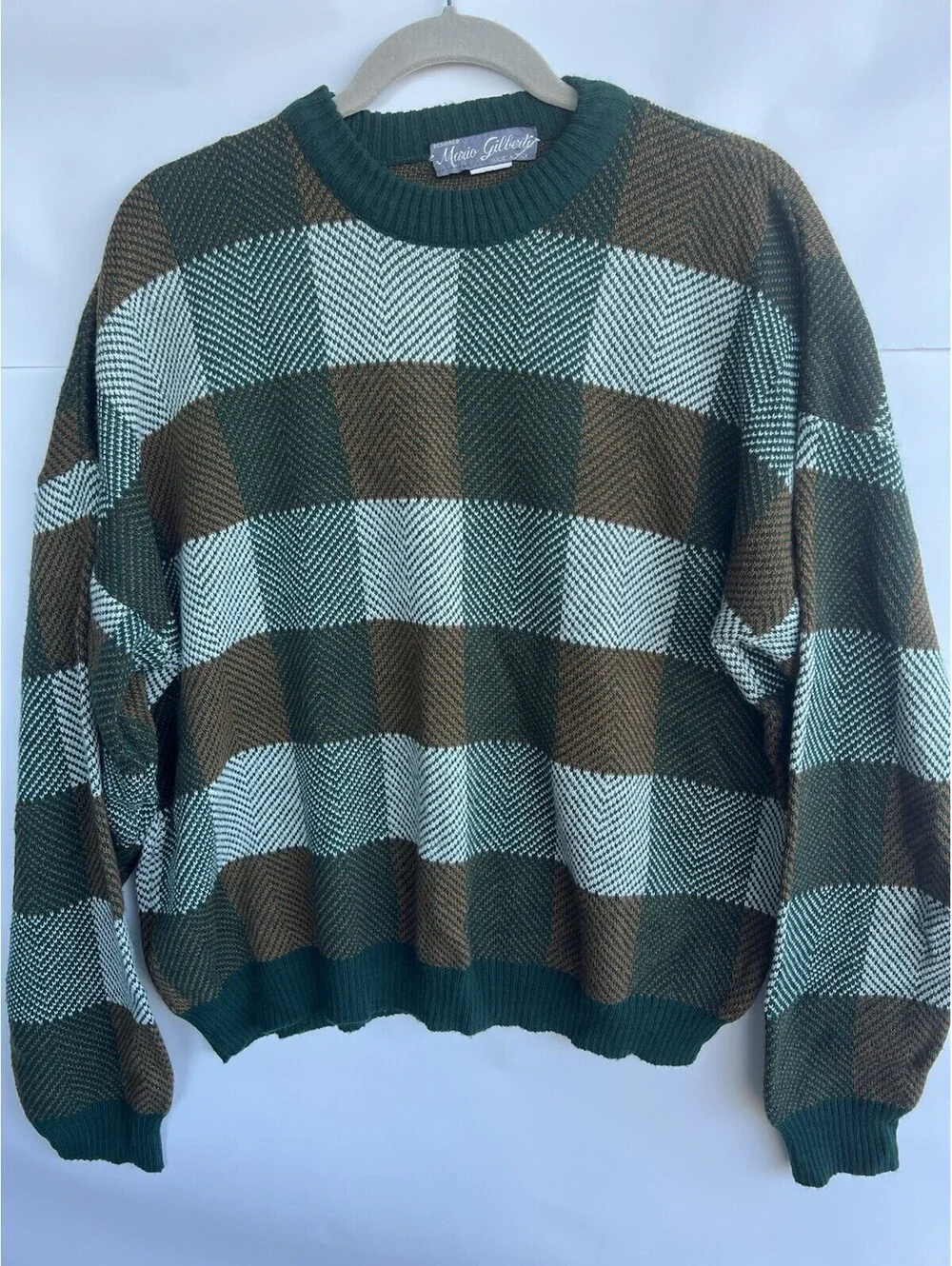 Vintage Mario Gilberti Sweater Mens M Green Brown Wool Blend Geometric Italy